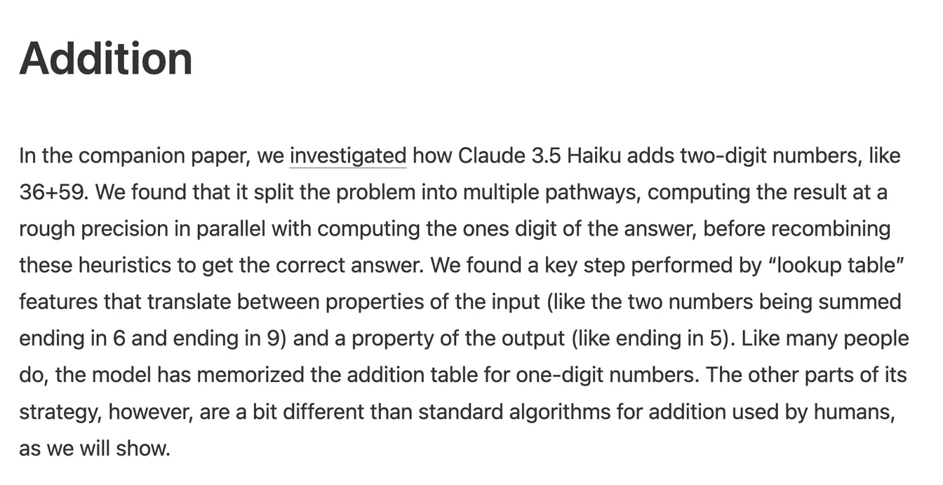 Explanation of how Claude 3.5 Haiku adds two-digit numbers like 36+59 using multiple parallel pathways and lookup-table features.