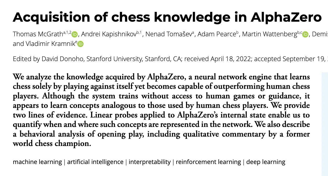 DeepMind 2022 research showing AlphaZero learning human-recognizable chess concepts through self-play.