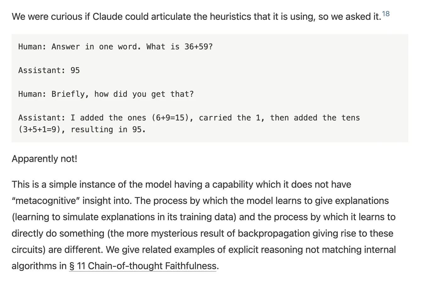A conversation in which the model gives a human-style explanation for adding 36 and 59 that differs from the algorithm circuit tracing reveals it actually used.