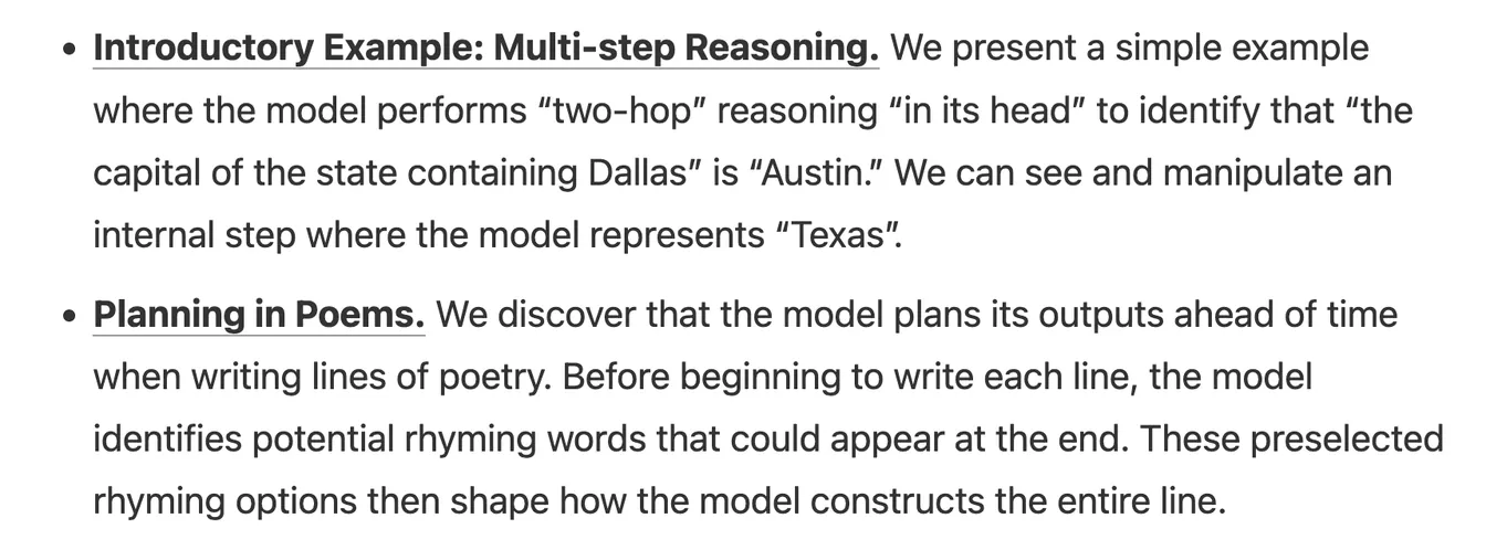 Examples of multi-step reasoning inside the model, including geographic inference and forward planning of rhymes when writing a poem.