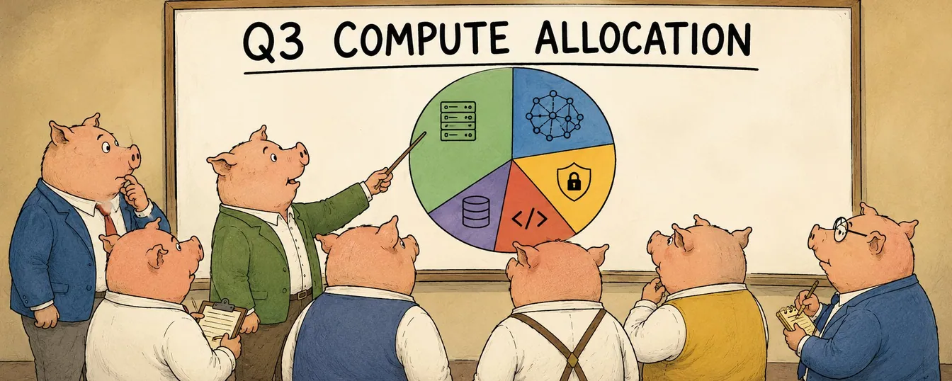 Pig executives reviewing a Q3 compute allocation chart.