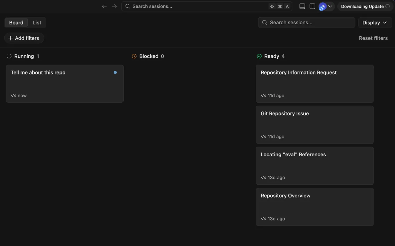 Devin's desktop app showing a Kanban board with Running, Blocked, and Ready columns of agent sessions.