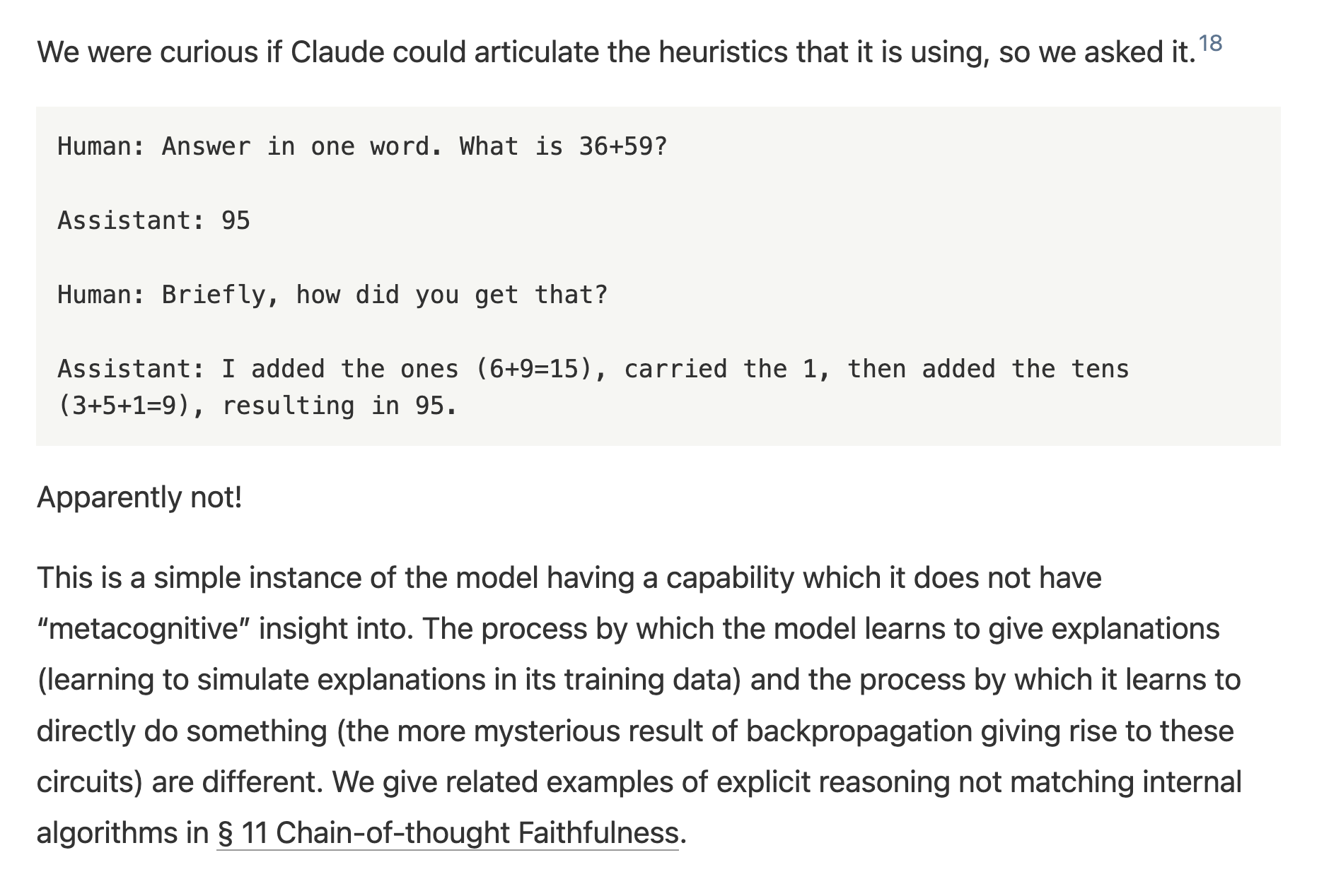 A conversation in which the model gives a human-style explanation for adding 36 and 59 that differs from the algorithm circuit tracing reveals it actually used.